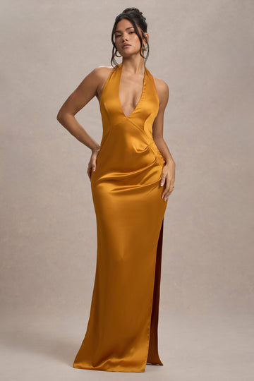 Inferno Mustard Satin Plunge-Neck Gathered Split Maxi Dress